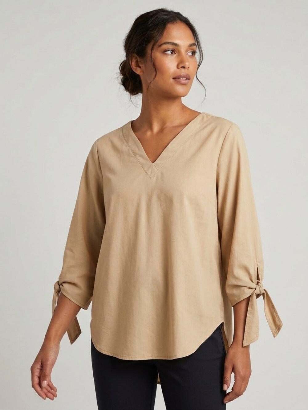 Canda C&A Tan Beige 3/4 Tie Sleeve V-Neck Blouse High Low Hem Size 4
